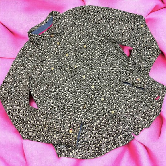 Talbots Black White Heart Print Roll Tab Sleeve‎ Button Down Shirt - Picture 1 of 11